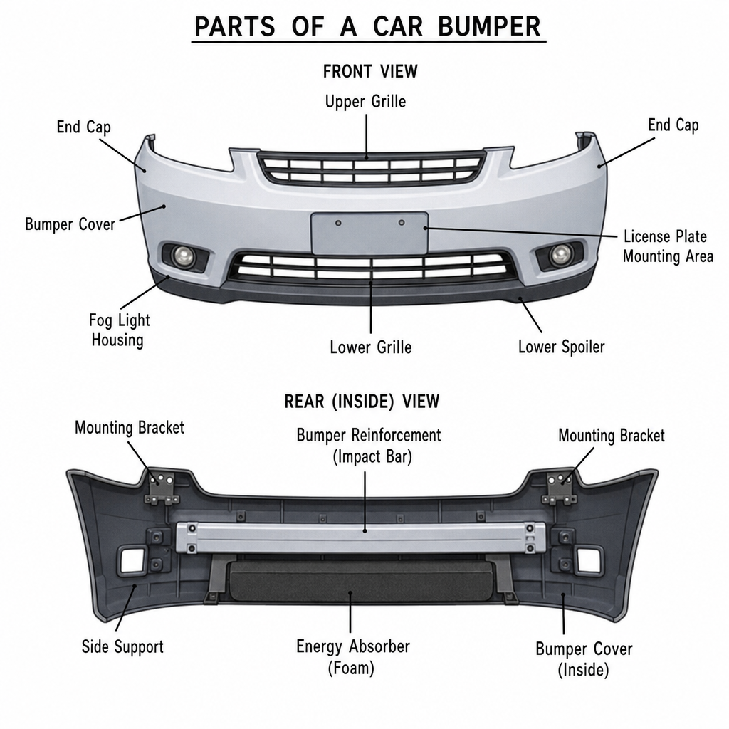 Diagram showing parts of a car bumper