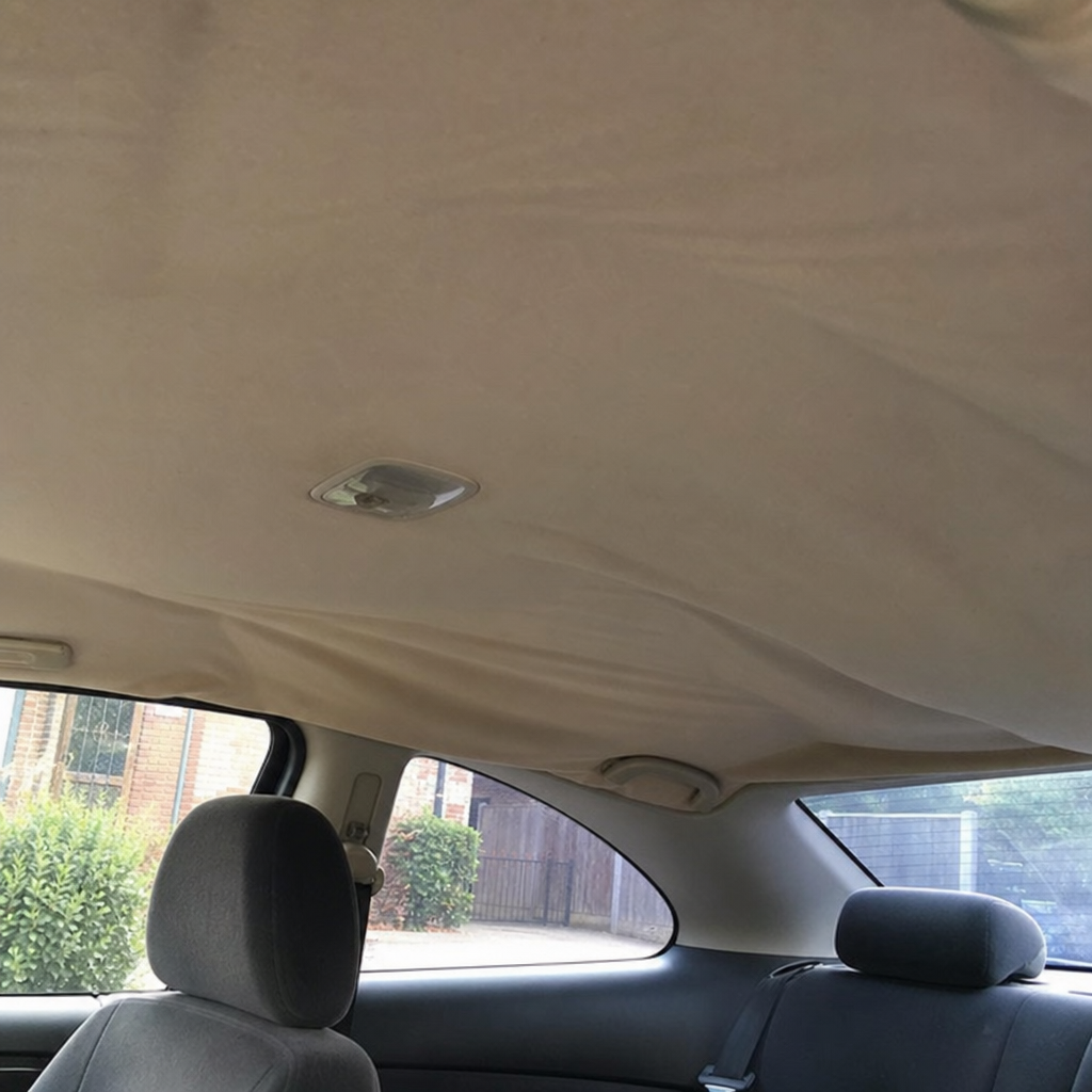 Sagging roof lining inside a car before repair