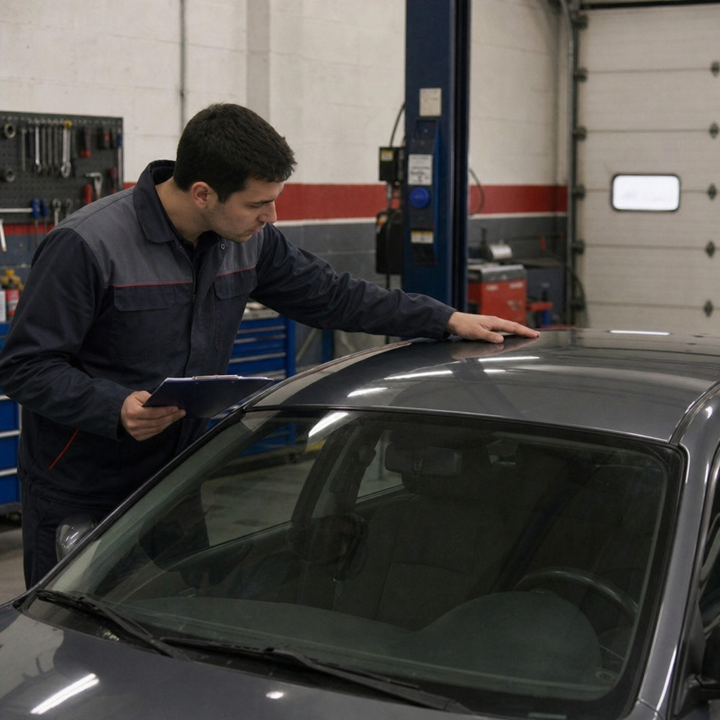 Technician inspecting a car roof in a workshop
