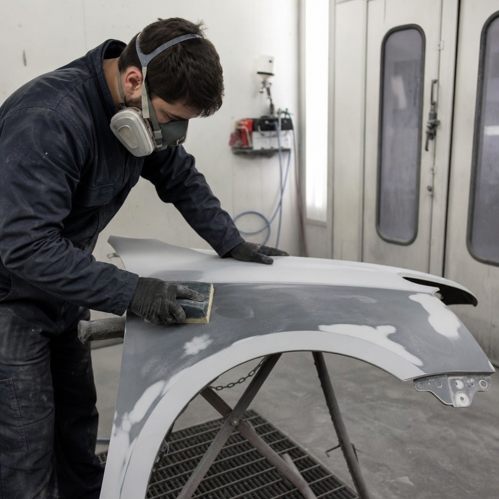Technician preparing a car panel for professional spray painting