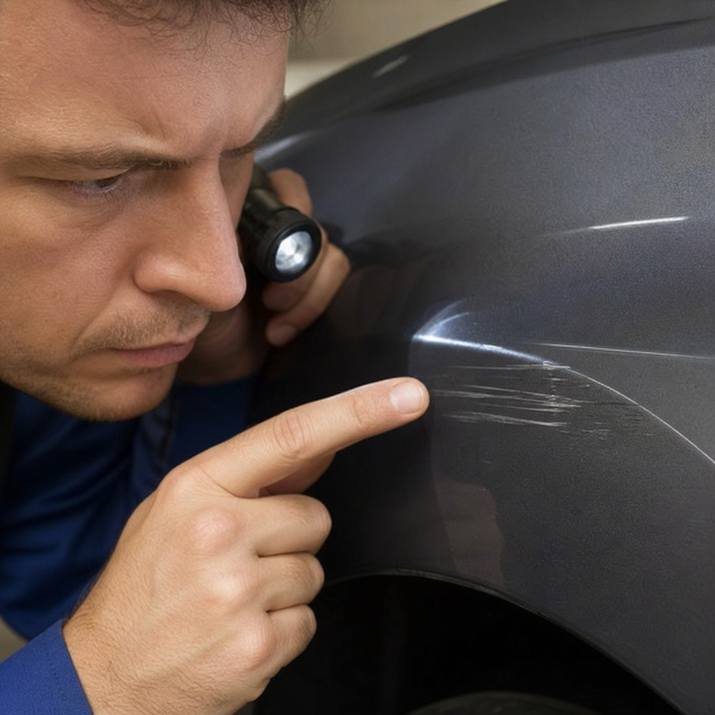 close-up of a technician inspecting a scratch on car paint