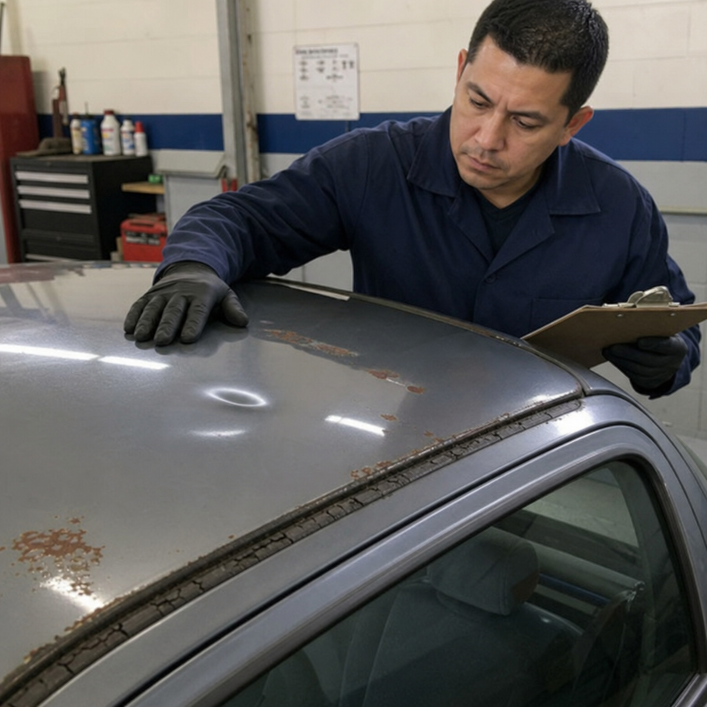 technician inspecting a car roof for dents, rust, and seal damage